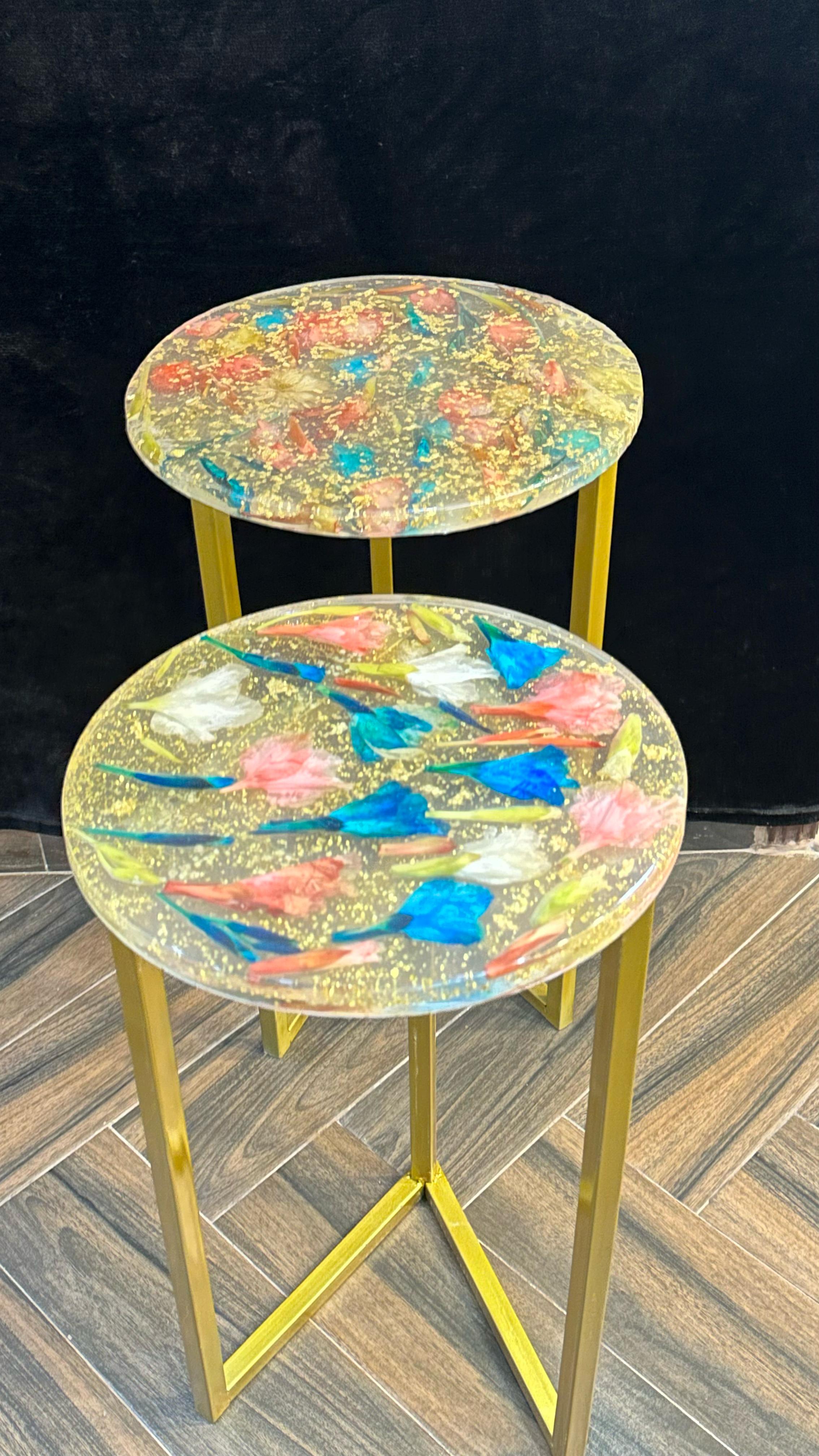 Elegant Gilded Side Tables with Original Flowers - Resin Art Products