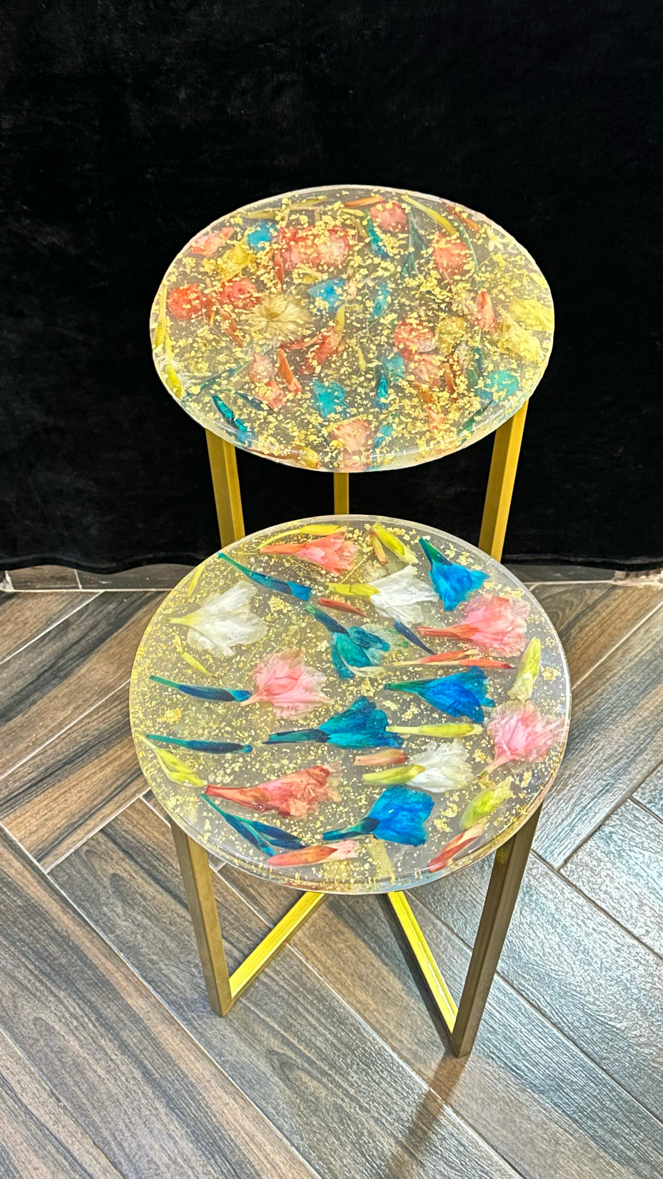 Elegant Gilded Side Tables with Original Flowers - Resin Art Products