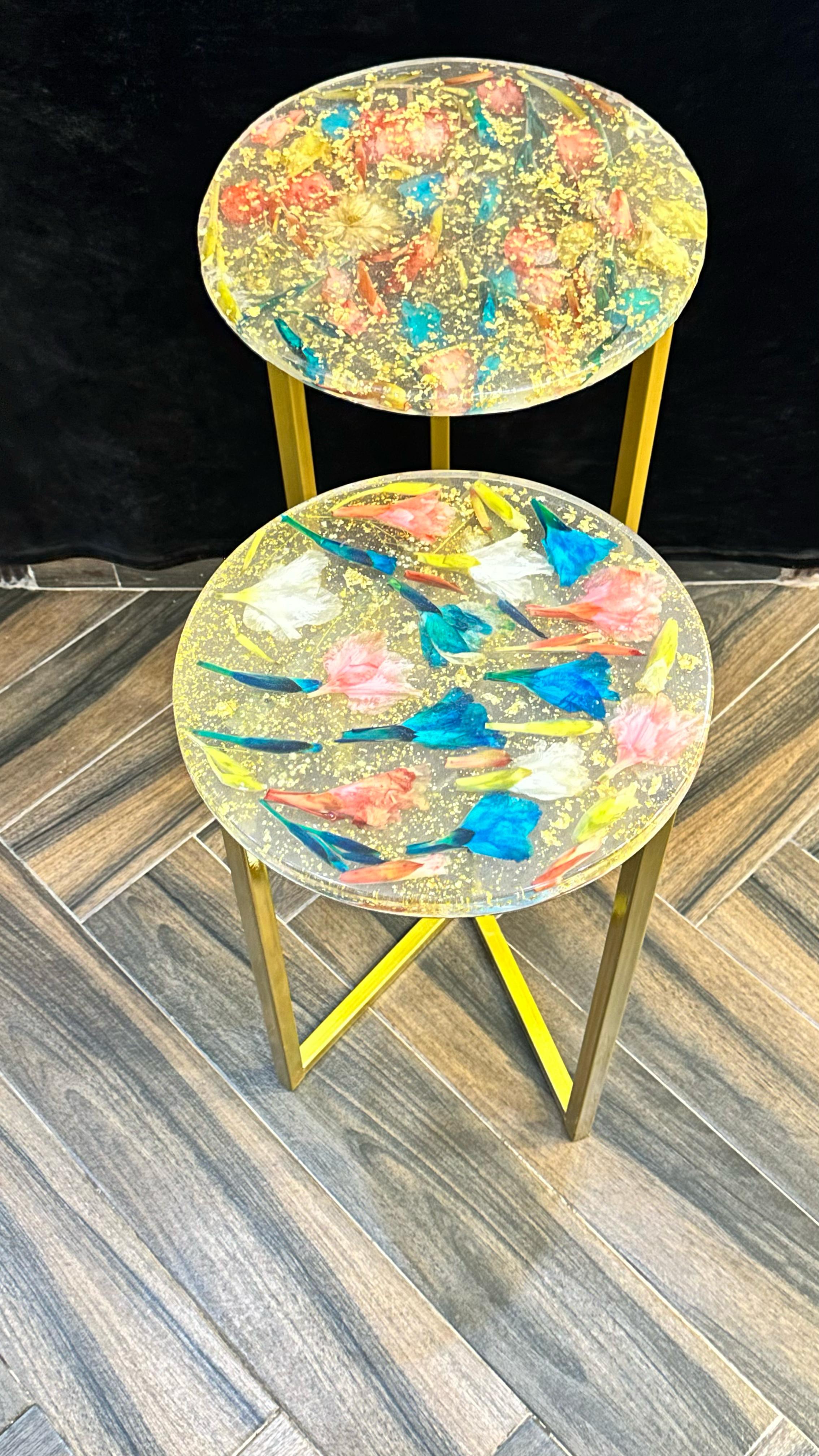 Elegant Gilded Side Tables with Original Flowers - Resin Art Products