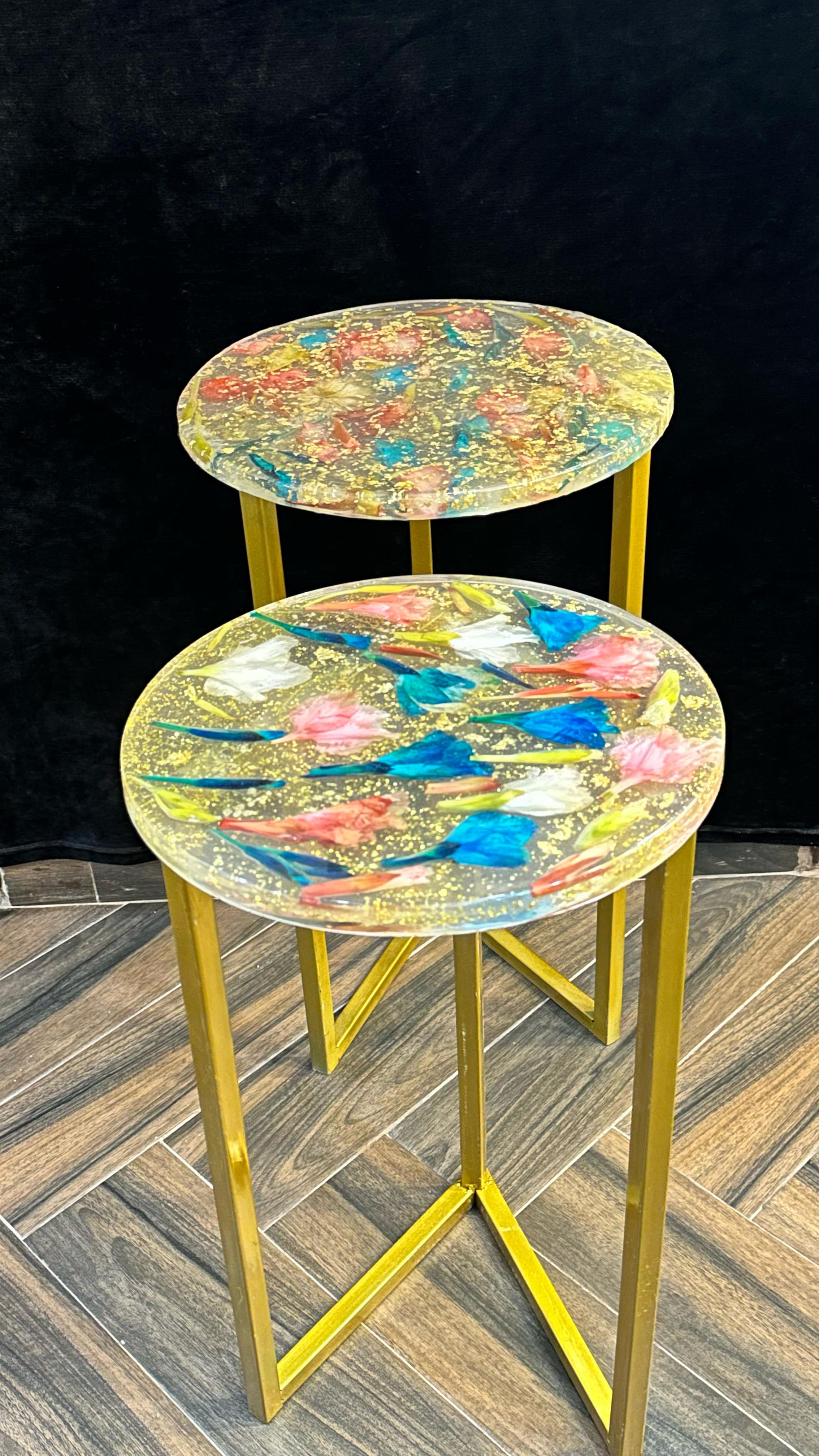 Elegant Gilded Side Tables with Original Flowers - Resin Art Products